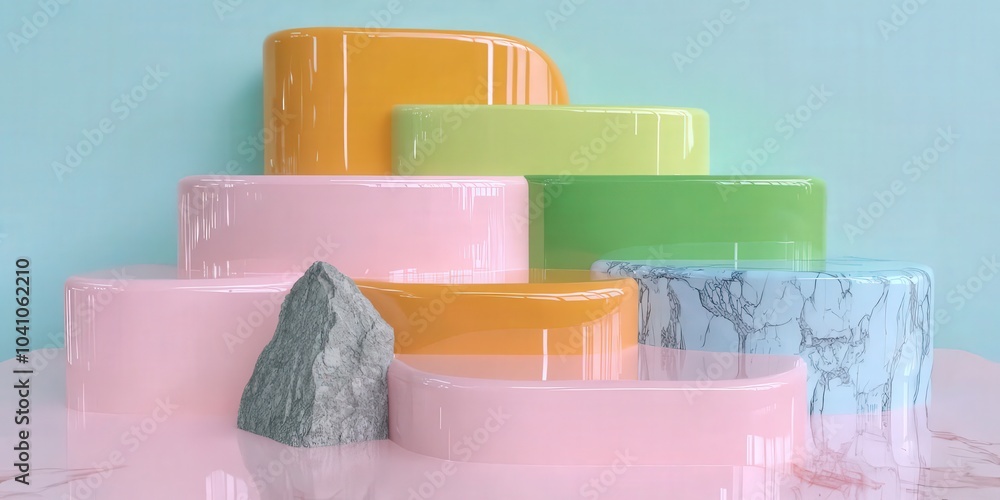 Poster abstract colorful platforms with stone product display minimalist background