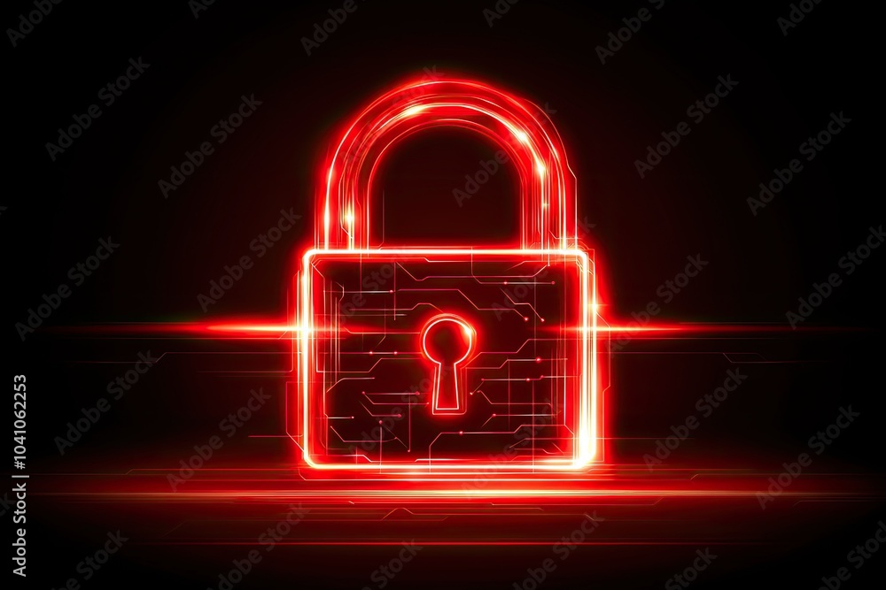 Poster digital padlock symbolizing cybersecurity and data protection in a futuristic network
