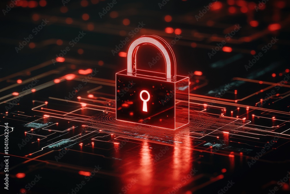 Poster digital padlock symbolizing cybersecurity and data protection in a futuristic network