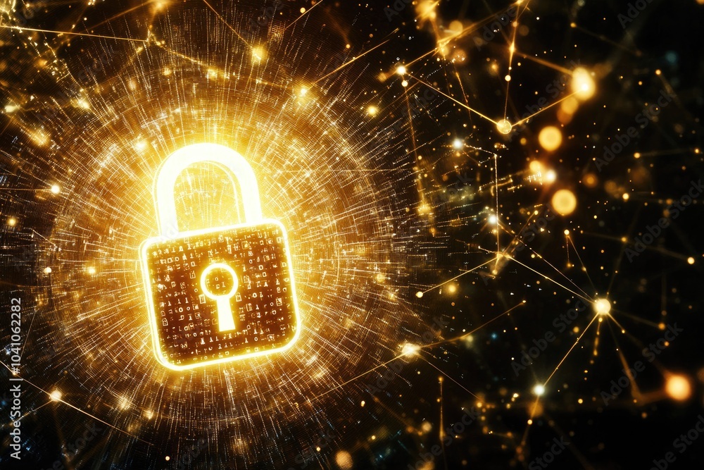 Poster digital padlock symbolizing cybersecurity and data protection in a futuristic network