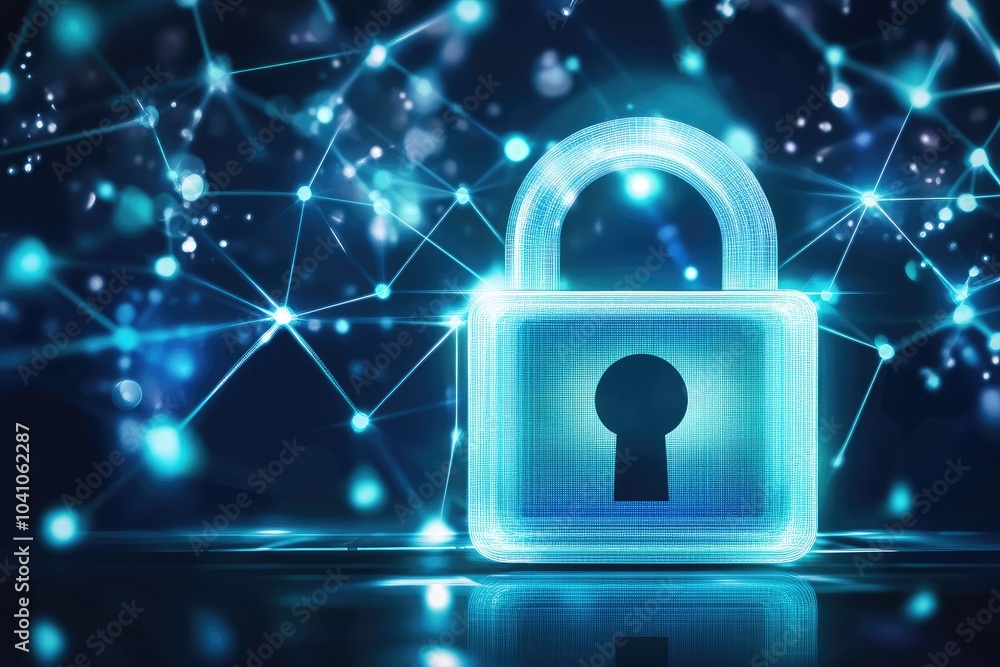 Poster digital padlock symbolizing cybersecurity and data protection in a futuristic network