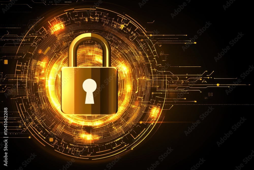 Poster digital padlock symbolizing cybersecurity and data protection in a futuristic network