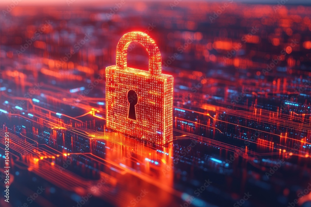 Poster digital padlock symbolizing cybersecurity and data protection in a futuristic network