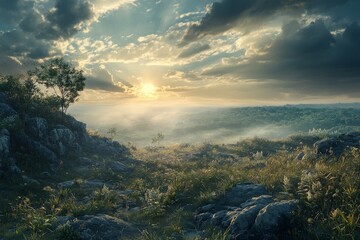 Fototapeta premium Golden sunlight breaks through clouds above a tranquil landscape