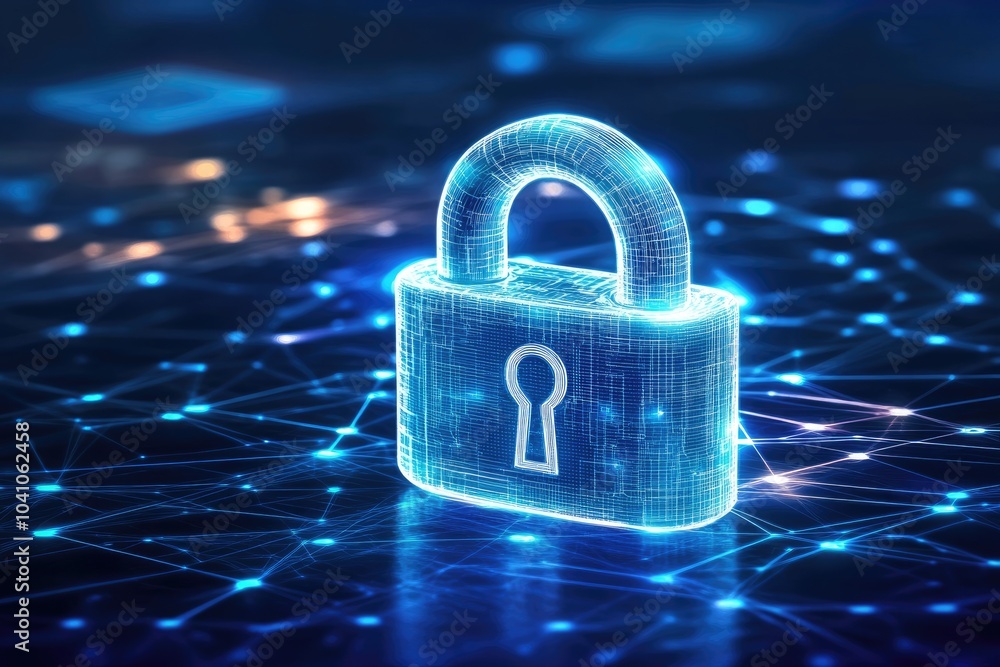 Poster digital padlock symbolizing cybersecurity and data protection in a futuristic network