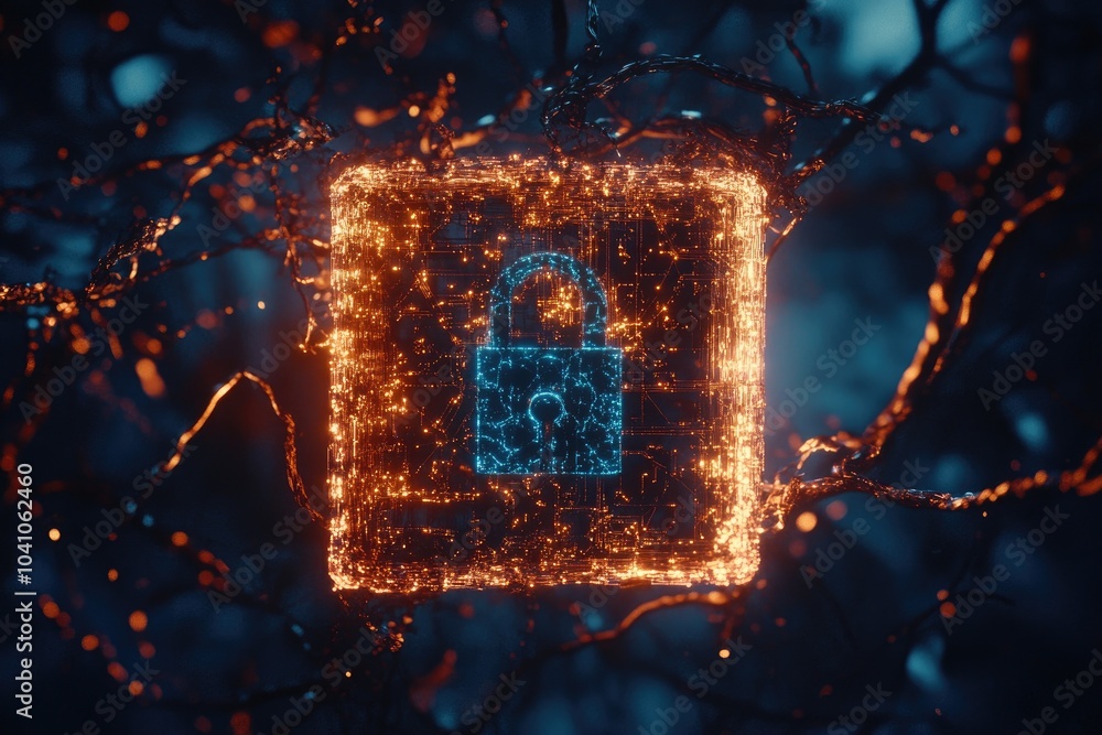 Poster digital padlock symbolizing cybersecurity and data protection in a futuristic network