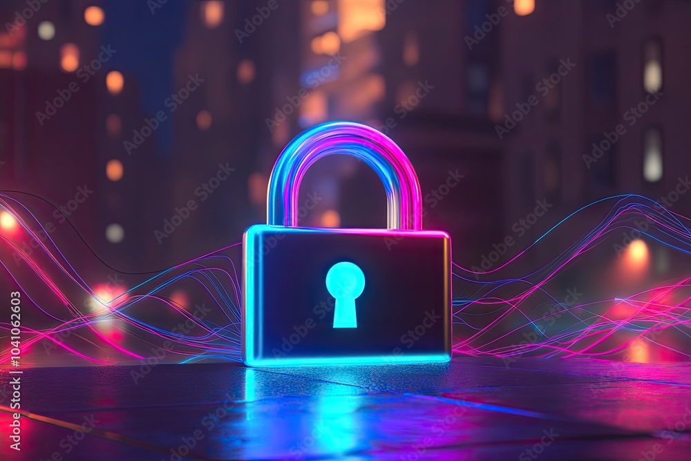 Poster digital padlock symbolizing cybersecurity and data protection in a futuristic network