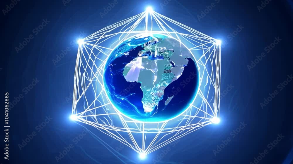 Poster global network connection with glowing lines and blue background.