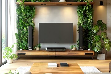 Modern Living Room with Stylish TV Unit and Lush Green Plants