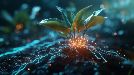Seedlings growing from a glowing technological core, with the circuit lines extending outward like the roots of a tree, symbolizing the fusion of nature and tech.