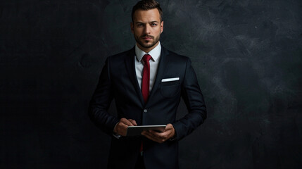 Serious businessman with serious friendly expression. Young man in a sleek suit and tie, holding a tablet and looking directly into the camera with focus and confidence