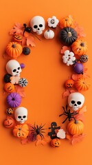 Halloween-themed frame with pumpkins and skulls on orange background, AI