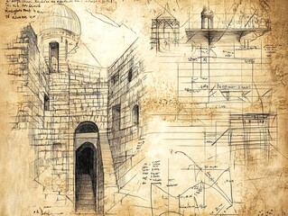 Vintage Architectural Manuscript: Intricate Sketches and Faded Annotations on Stone Background - Perfect for Sports Interior Posters and Artistic Decor