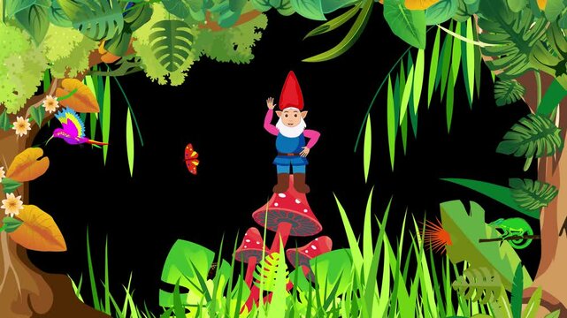 Gnome sitts on mashroom plants frame gungle animation forest