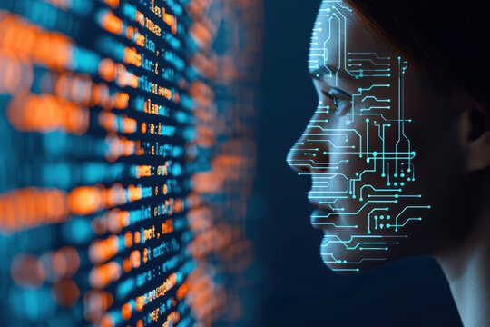 Machine learning algorithms improving document translation accuracy, A futuristic portrait of a woman with digital circuitry on her face, symbolizing technology and innovation in the digital age.