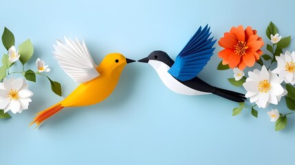 Obraz premium Minimalist paper cut origami bird silhouette layered in abstract geometric design Simple elegant and modern monochrome black and white background with negative space