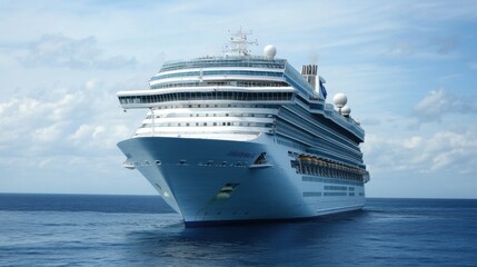 A large cruise ship sailing on calm waters under a cloudy sky.