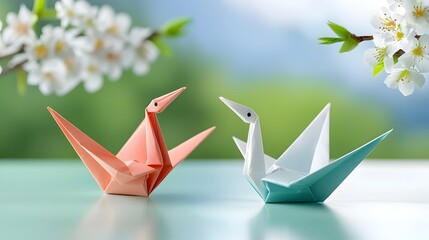 Elegant and Delicate Paper Cut Origami Cranes Silhouette with Layers and Soft Shadows Forming a Minimalist Abstract Composition on a White Background