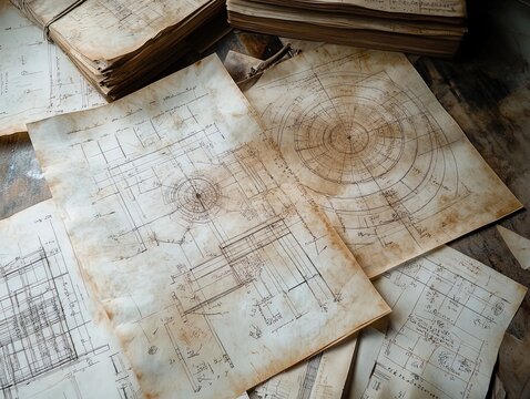 Renaissance Engineering Masterpiece: Intricate Blueprints and Mathematical Notations - Perfect for a Sporty Interior Poster or Art Display