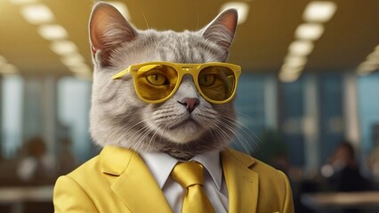 Cat boss dressed in a business suit with a tie and sunglasses on a blurry office background, perfect for business-themed images or humorous corporate content.
