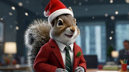 A squirrel dressed in a business suit and tie, wearing a Christmas hat in the festive season, set against a blurry office background. Perfect for Christmas and business-themed images.