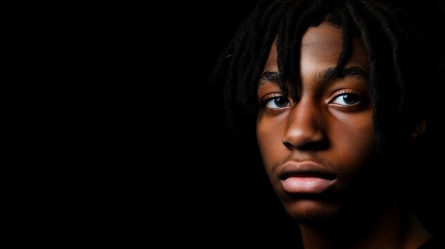 Close-up portrait of a young man with dreadlocks looking toward the camera, set against a dark background. Digital art style with strong contrast and moody lighting.