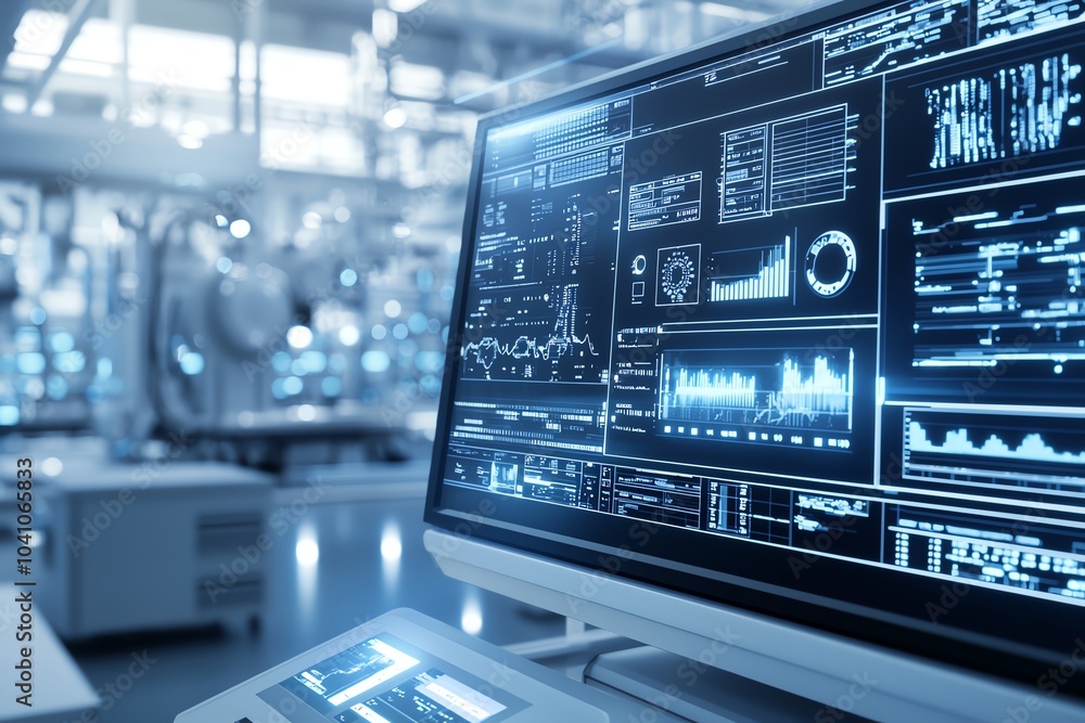 Poster advanced technology interface in a modern factory, showing data analytics and monitoring on a digita