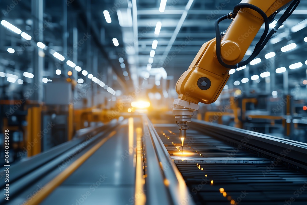 Poster automated robotic arm working on a modern assembly line in a high-tech industrial factory, showcasin
