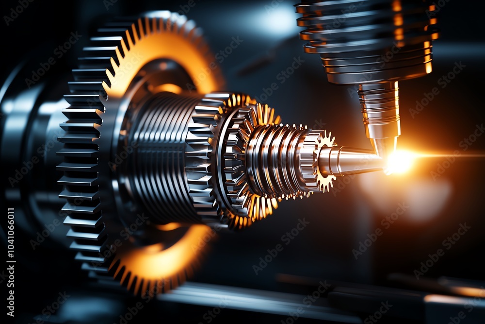 Poster close-up of a cnc machine operating with precision, focusing on gear details and laser cutting techn