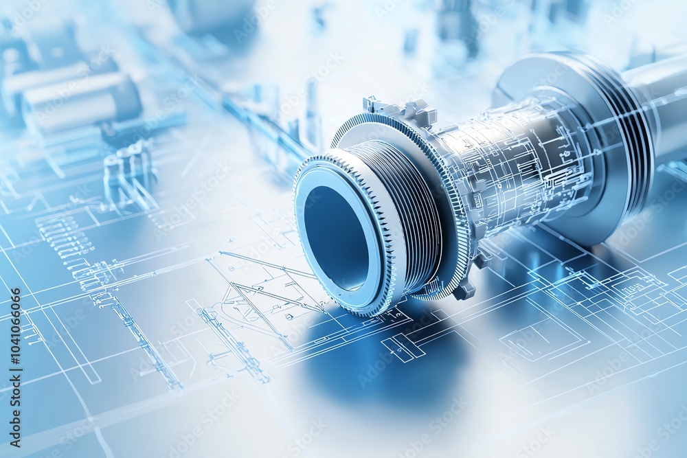 Poster close-up of a futuristic mechanical component on a technical blueprint background, emphasizing engin