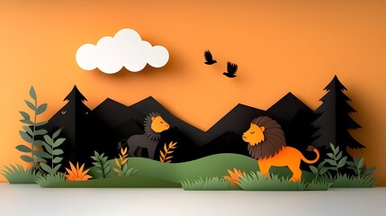 Elegant and Sophisticated Symmetrical Silhouettes of Two Lions in a Layered Paper Cut Jungle Scene with Minimalist Geometric Patterns and Textures