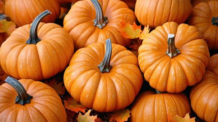 Close up of Ripe Orange Pumpkins with Fall Leaves for Autumn Decor