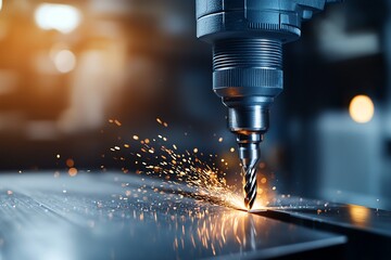 Close-up of industrial CNC machine tool drilling metal with precision. Sparks illuminate the detailed cutting process in a workshop setting.