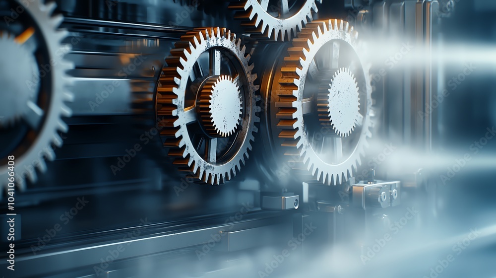 Poster close-up of metallic gears in motion, showcasing engineering and mechanical precision with a blurred