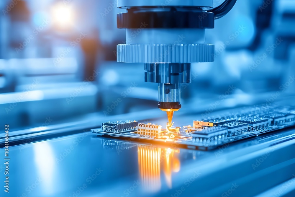 Poster close-up of robotic machine working on a circuit board in a high-tech manufacturing facility with bl