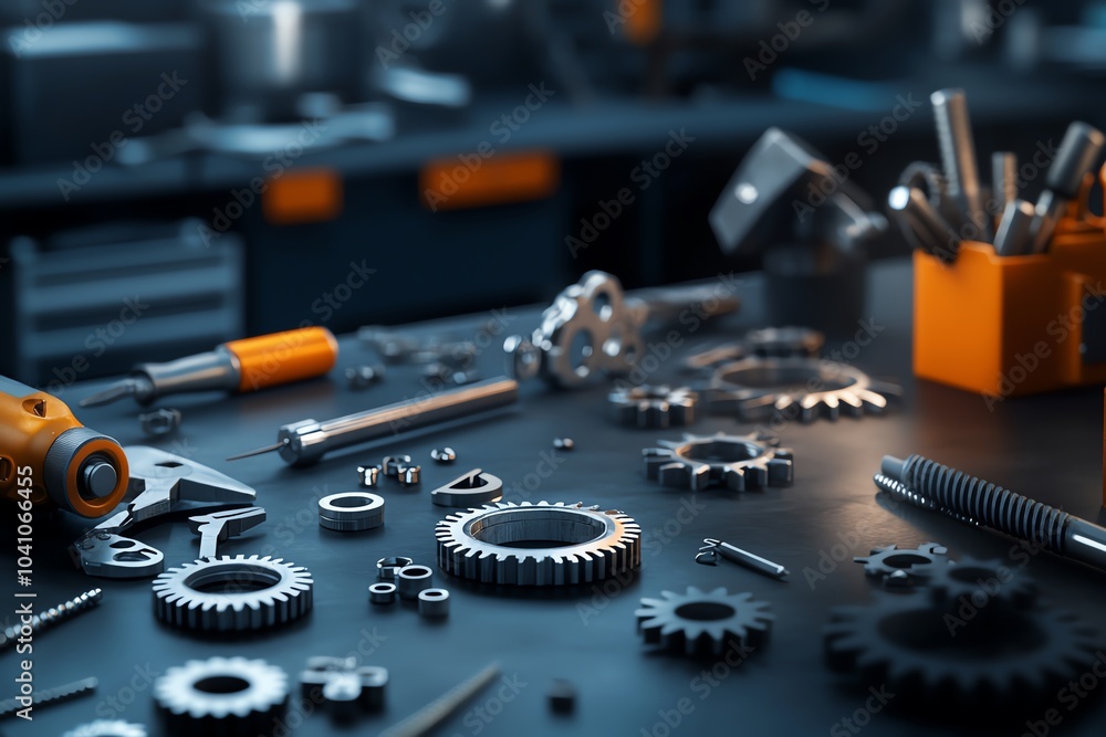 Poster close-up of various metal tools and gears arranged on a workbench in a workshop, showcasing craftsma