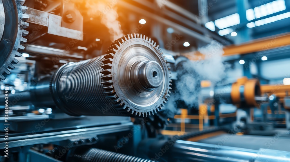 Poster close-up view of industrial machinery with gears in a factory environment, highlighting engineering 