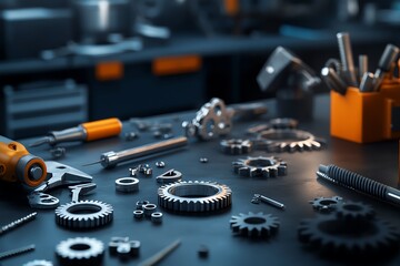 Close-up of various metal tools and gears arranged on a workbench in a workshop, showcasing craftsmanship and engineering precision.