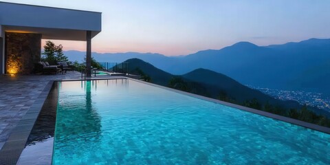 Fototapeta premium Infinity Pool Luxury Villa with Mountain View and City Lights at Dusk