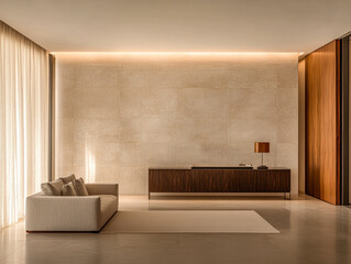 Modern minimalist living room design featuring a sleek sofa and stylish wooden furniture