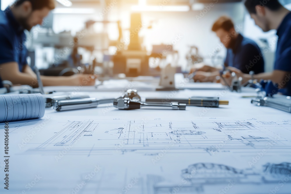 Aufkleber engineers focused on technical drawings and tools in a bright workshop, showcasing precision and tea