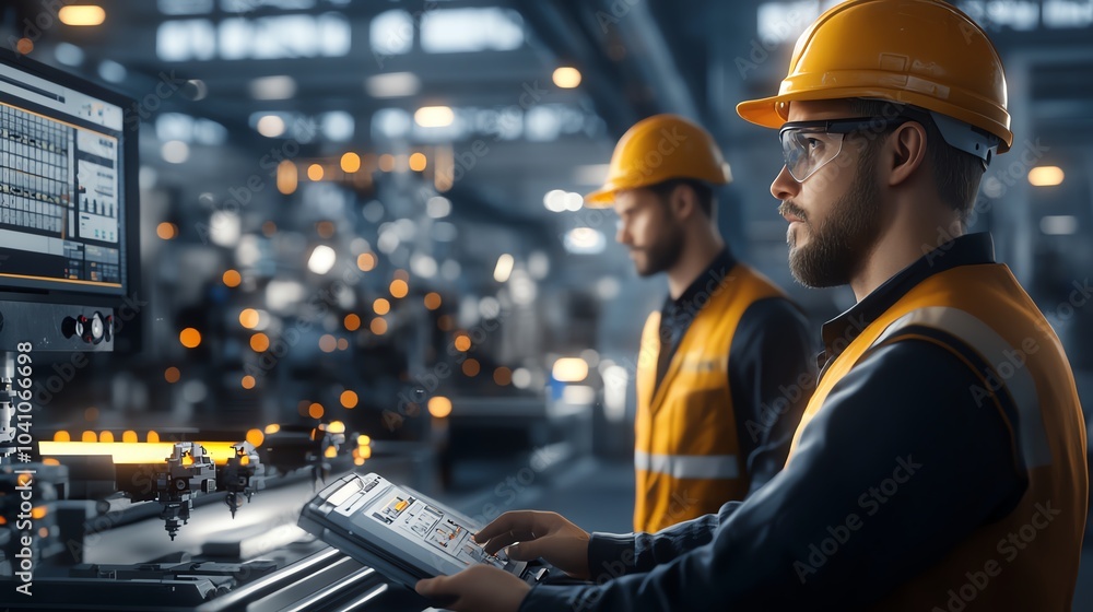 Poster engineers in hard hats operate machinery in a modern factory, focusing on precision and technology i