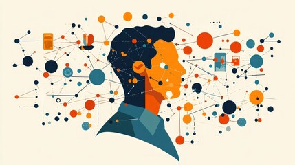 A man's profile with a network of connected dots and lines, representing the flow of information and ideas.
