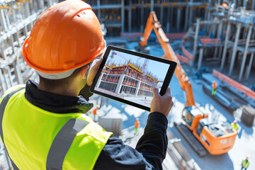 Engineer using tablet for construction monitoring at site. Equipment and building plans enhance productivity and safety.