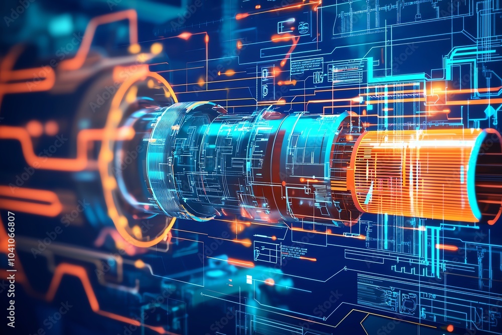 Poster futuristic digital interface with glowing circuits in blue and orange, representing advanced technol