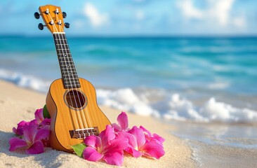 Ukulele and leis on the beach with ocean waves in the background