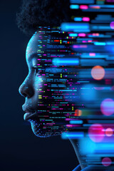 AI tracking customer complaint patterns from feedback documents, A side profile of a person with vibrant digital code and lights, symbolizing technology and creativity in a modern world.
