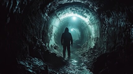 A lone figure walks through a dark, narrow tunnel with a faint light at the end