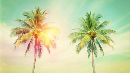 Two tall palm trees on toned gradient pink blue sky with light fluffy clouds. Creative trendy summer tropical background. Tropical beach in Punta Cana. Palm trees on a sandy island in the ocean.