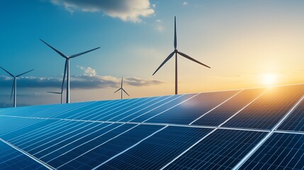 Solar panels and wind turbines harness renewable energy against a vibrant sunrise, symbolizing sustainable and eco-friendly power solutions.